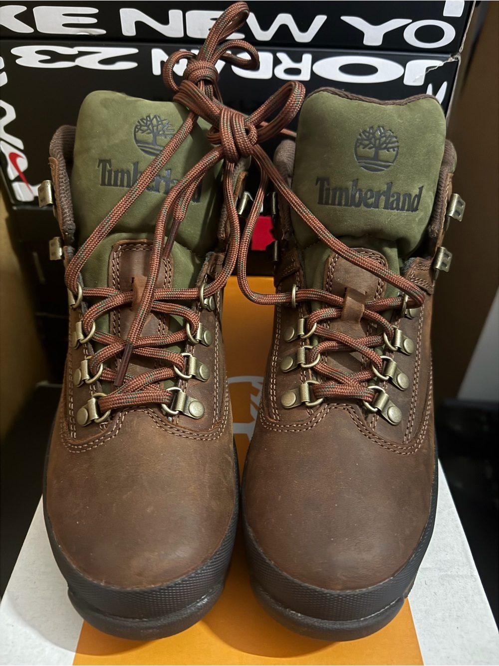 Timberland Brown Leather Hiking Boots with Olive Green Tongue